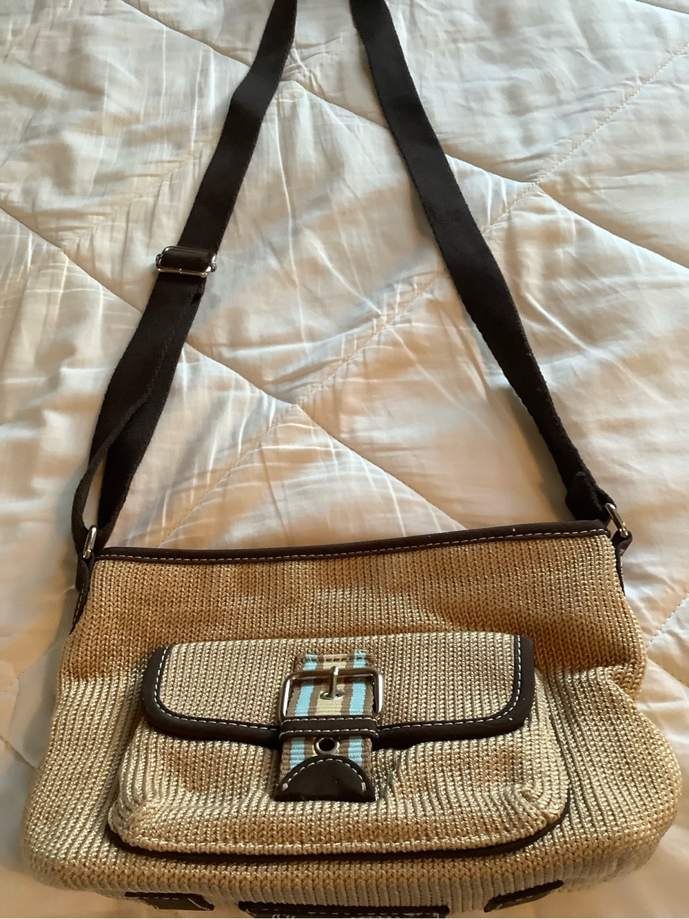 The Sak Beige Woven Crossbody with Brown Trim and Buckle Accent